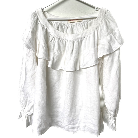 Arlington Milne Tops - Arlington Milne Blouse L White Neck Ruffle Long Sleeve  Australia Linen Blend